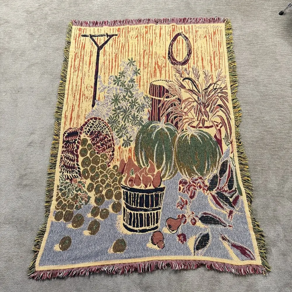 Vintage Fall Harvest Woven Tapestry Throw Blanket Fringed Pumpkins 48